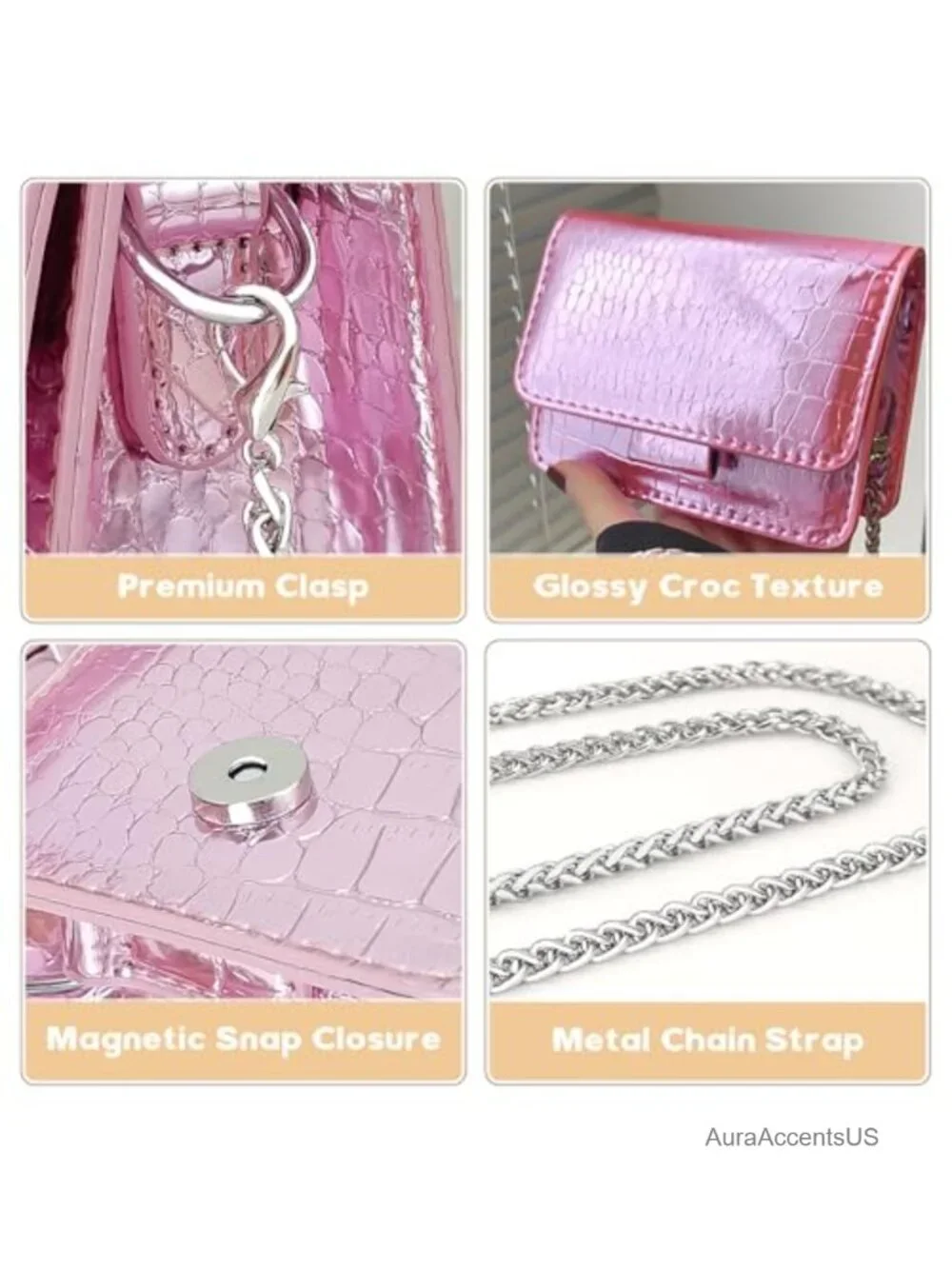 Mini Crossbody Purse with Removable Chain Strap, Faux Leather Croc Pattern